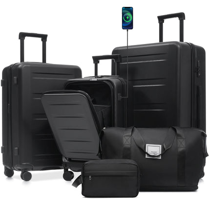 Luggage Sets 5 Piece with Front Opening, Hardside Expandable Carry On Suitcase Set with Double Spinner Wheel