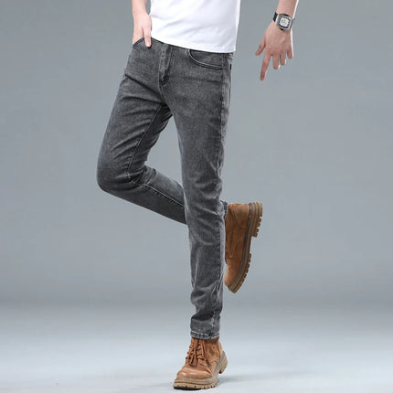 Stretch Pencil Cargo Jeans Gray Men High Street Casual Denim Trousers Fashion Personality Straight Little Feet Men's Pants