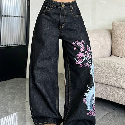 American High Street Vintage Dragon Totem Print Women's Pants, Trendy And Fashionable Black Versatile Wide-Leg Jeans For Women