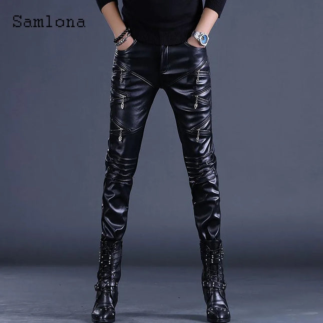 2025 Rock Style PU Lederhose Sexy Nachtclub Tanzhose Herren Mode Multi-Reißverschluss Kunstleder Slim Motorradhose Neu