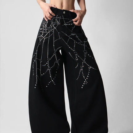 American Street Fashion Spider Web Rhinestone Fashion Pants, Versatile Slim-Fitting Wide-Leg Black Jeans For Women