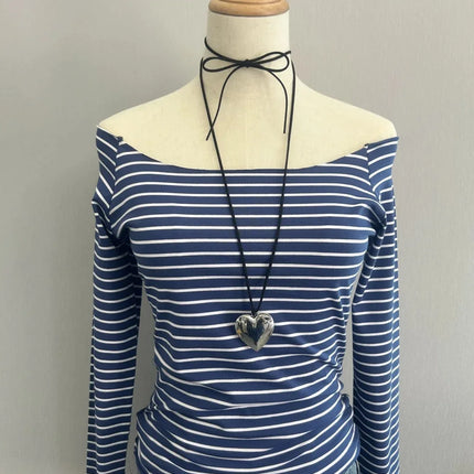 Sweet Pink Striped Long Sleeve T-shirt Women New Spring Cotton Raw Hem Slash Neck Slim Tee Tops Cute Preppy Style T shirt Y2K