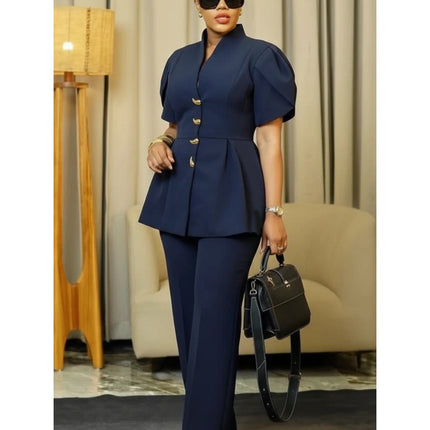 Women Stand Collar Puff Sleeve Button Peplum Top And Straight Leg Pants For Elegant Office Business And Daily Occasion