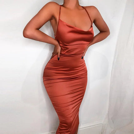 Neon Satin Lace Up Long Midi Dress Light Pink Bodycon Backless Elegant Party Sexy Club Clothes Summer Dinner