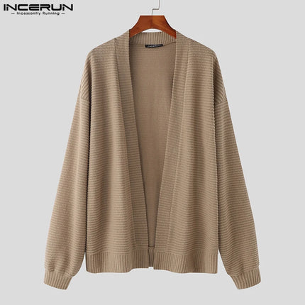 INCERUN 2025 Stylish Men Cardigan Knitted Leisure Solid Loose Long Sleeve Cardigan Streetwear Autumn Male Sweater Outerwear
