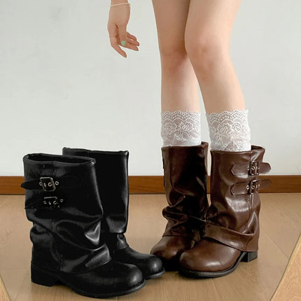 Vintage Thick Heel Women Western Ankle Boots Eelgant Belt Buckle Shoes Ladies Cosy Soft Leather Short Booties