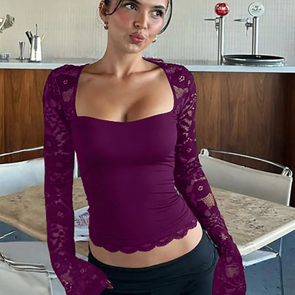 Hugcitar Women Fashion Square Collar Patchwork Lace Floral Print Long Sleeve Sexy Crop T-Shirt Sheer Summer Clothes Party Club