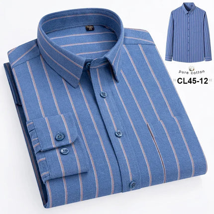 Mens 100% Cotton Casual Shirt Slim Fit Button Classic Striped Plaid Long Sleeve Shirts Single Pocket Comfortable Workwear Shirts
