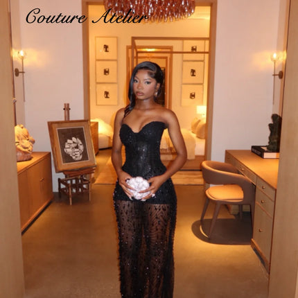 Aso Ebi Style Luxury Black Stones Evening Dresses Illusion Prom Gowns Elegant Evening Dress Wedding Party Mermaid Customized