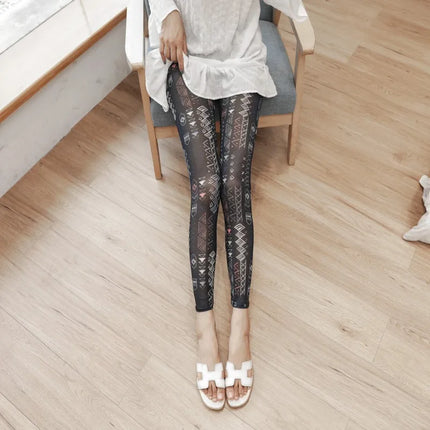 Summer Thin Mesh Fashion Printing Women Leggings Cool Breathable Stretch Lolita Hottie Sexy Slimming Gauze Cropped Pants