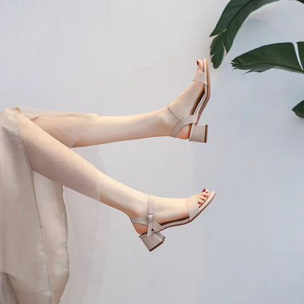 Women's Summer French Elegant Open-Toe High Heel Sandals Simple and Versatile Anti-slip Rubber Sole Chunky Heel Dress Sandals