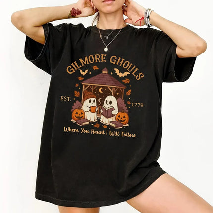 Spooky Ghost Reading Shirt, Halloween Black Cat Tee, Cozy Library Pumpkin Shirt, Fall Aesthetic T-Shirt, Witchy Book Lover GifT