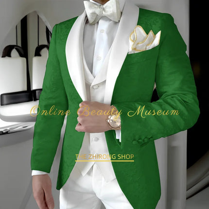 Classy Men's White Jacquard Suit 3pcs Jacket Vest Pants Set Shawl Lapel Elegant Attire for Wedding Cocktail Business Ball Party