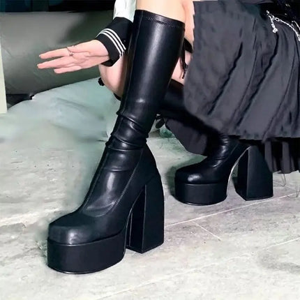 Women's Square Toe High Heeled Boots Long Short Tube Block Heel  Boots Women Platform Shoes Black Cowboy Boots for Women