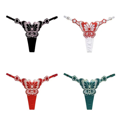 European Style Exquisite Butterfly Embroidered Thong Girl's Sweet Flower Perspective Lingerie for Women's Sexy Adjustable Briefs