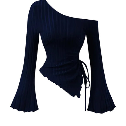 Women's Off-Shoulder Cross Long-Sleeved Slim Fit T-Shirt Asymmetrical Street Style Casual Elegant Top with Trumpet Sleeves