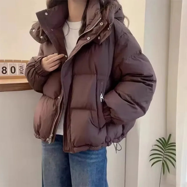 2025 Neue Winter-Daunenjacke Damen Warme Parkas Einfarbig Langarm Casual Baumwollgepolsterte Jacke Kapuzen-Schnee-Mantel Weiblich