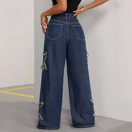 Women's Loose Fit Jeans with Pockets Mid Rise Star Patch Wide Leg Denim Pants Casual Y2K Grunge High Waist Ladies Trousers