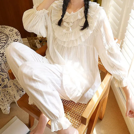 Cute Women Princess Ruffle Pajama Sets Tops+Pants.Vintage Lady White Jacquard Cloth Pyjamas Set Victorian Girl's Home Sleepwear