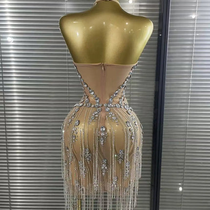 Luxury Crystals Diamonds Evening Party Dress Women Sexy Halter See Through Mesh Birthday Gowns Nightclub Singer Stage Wear