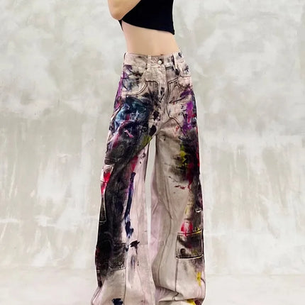 Y2k Jeans Ladies Cool Painted Graffiti With High Waist and Loose Fit Torn Jeans for Woman Women's Denim Pants Coquette Jean Pant