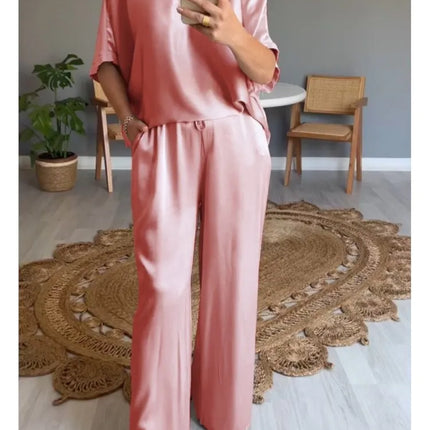 Spring Summer Fashion Solid Smooth Satin Two Piece Sets New Women's V Neck Half Sleeved Top And Long Pants Casual Loose Outfits