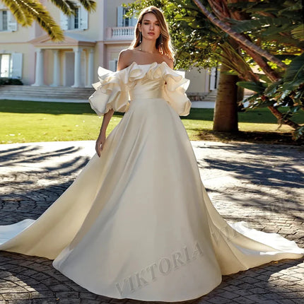 VIKTORIA Romantic Pleat Wedding Dresses for Bride Off the Shoulder Satin A-line Vestido De Casamento Personalized Customized