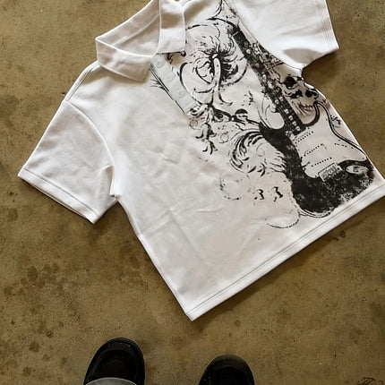Summer T-shirt Fashion Retro Classic Style Versatile Lapel T-shirt with Punk Guitar Print Shirt, Y2K American Trendy Streetwear