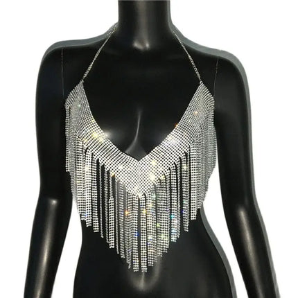 Bling Rhinestones Tassel Party Crop Top Woman Fashion Halter Neck Backless Design Full Diamond Sequins Nightclub Clubwear