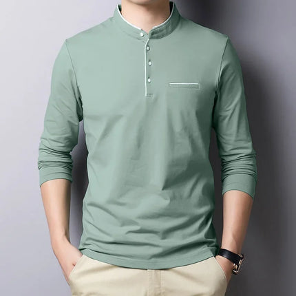 2025 Men's Business Casual Three Button Stand Up Collar Long Sleeved T-shirt Korean Style Comfortable Versatile Top