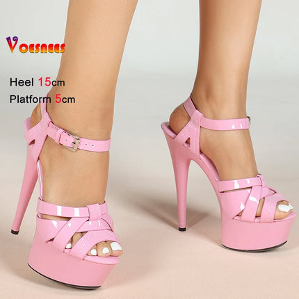 New Summer Pink Women Sandals Thin Heels 15cm Platform 5cm Cross Straps Ankle Buckle Round Toe Ladies Pumps Stiletto Party Shoes