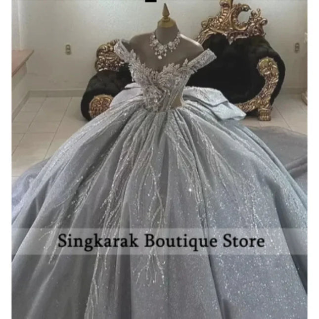 Silberne Quinceañera Ballkleider für Frauen Pailletten Spitze Strass Hochzeitsfeier 15 Anos Vestido Maßanfertigung