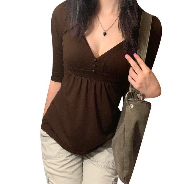 2000s Women's Clothing Solid Color Shirt, Elbow Length Sleeve V-neck Button Decor Chest Loose Hem Tops - product image 2