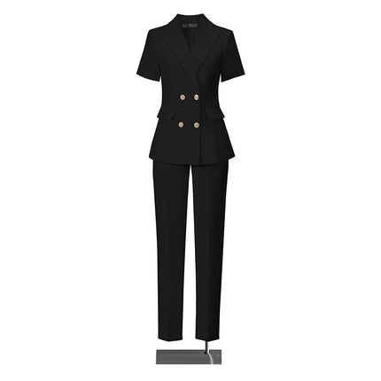 2‑Piece Women Office Suit Short Sleeve Double Breasted Blazer + High Waist Pants Ladies Formal Business Workwear Set Multiple Co
