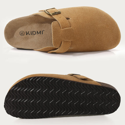 Top and sole views of a tan buckle clog