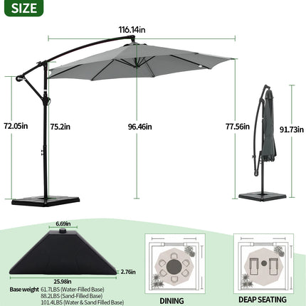 JHK 9.8FT Outdoor Offset Patio Umbrella with Base Hanging Cantilever with Easy Tilt Adjustment UV Protection 8 Sturdy Ribs