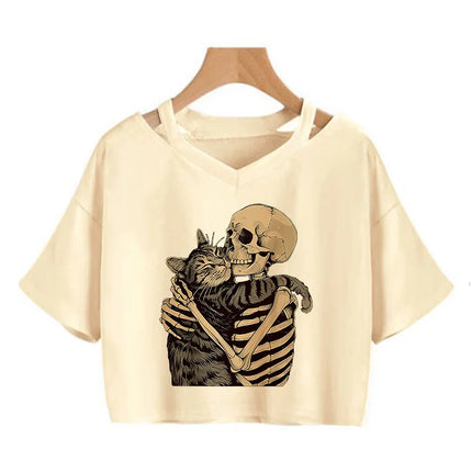 Halloween Skull and Cat Print Cropped T Shirt Sexy Comfortable Women Short Sleeve Crop Tops T-shirt Gothic Vintage Y2k Tees