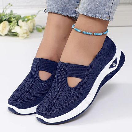 Navy blue cutout knit slip-on sneakers