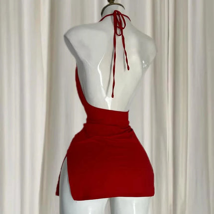 Sexy Lingerie Passion Temptation Suspender Nightdress Skirt Y2k Retro Street V Neck Slit Back Suspender Backless Evening Dress