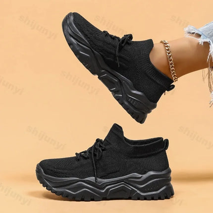 Fashion Stretch Knitting Sneakers for Women 2024 Autumn Couple Lace Up Non Slip Flats Casual Sports Shoes Woman Plus Size 35-43