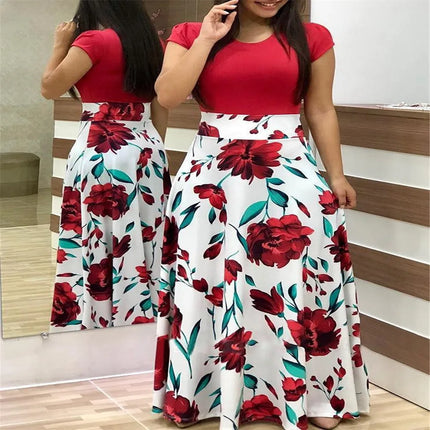 Dress Women Summer bohemain digital printing color matching round neck short sleeve hot style Dresses Casual Vestidos YRW6881