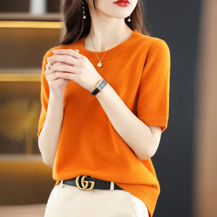 Short-sleeved Knitwear O-neck T-shirt Wool Cotton Blend Pullover Vest Sprig Summer Bottoming Tops Sweater