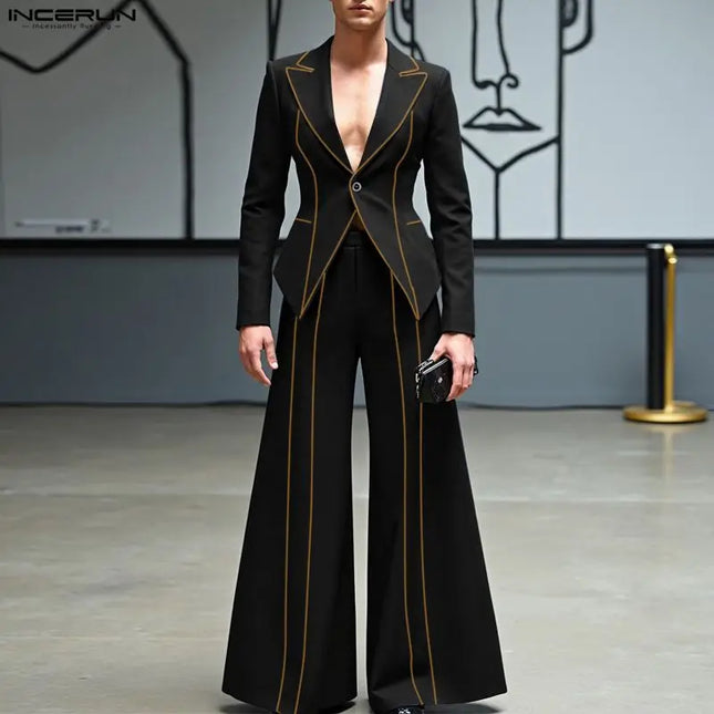INCERUN Herren-Sets, Patchwork, elegant, Langarm-Blazer & weite Hosen, zweiteiliges Set, Streetwear, Mode, Herren-Freizeitanzüge