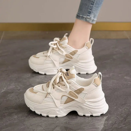 Women's Fashionable Dad Shoes Leather Upper Thick Bottom Casual Sports Shoes Spring Autumn New Style Breathable Lightweight