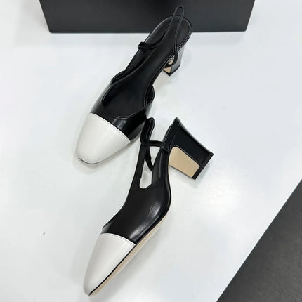 2026 Women's Leather & Denim Two-Tone Cap-Toe Slingback Pumps, Retro Office Evening Shoes YYT26041916