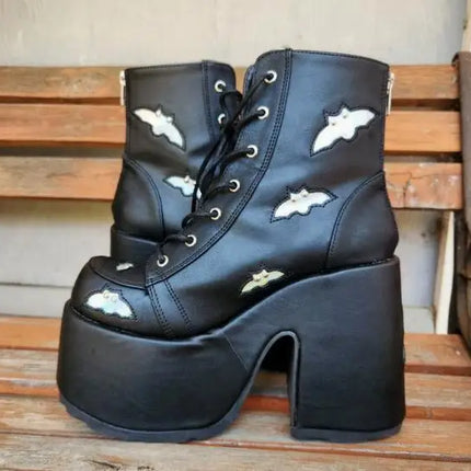 Size 47 Women Sliver Laser Shiny Patent Leather Cross Tied Lace Up Round Toe Platform Chunky Heels Ankle Boots Punk Short Boots