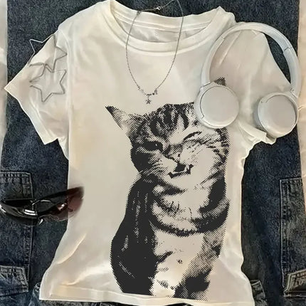 Summer Harajuku Letter Graphic T Shirts Y2k Tops Cat Print Women High Street Oversized T Shirt Streetwear Vintage Tee Clothing