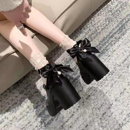 Super High Heel Single Shoes Autumn New Round Toe Shallow Mouth One Strap Platform Bow Non-slip Block Heel Shoes