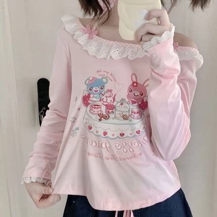 Japanese Girls Cartoon Printing Halter T-shirt Harajuku Grunge Kawaii Cute Loose Tees Women Y2k Aesthetic Lace Patchwork Tops