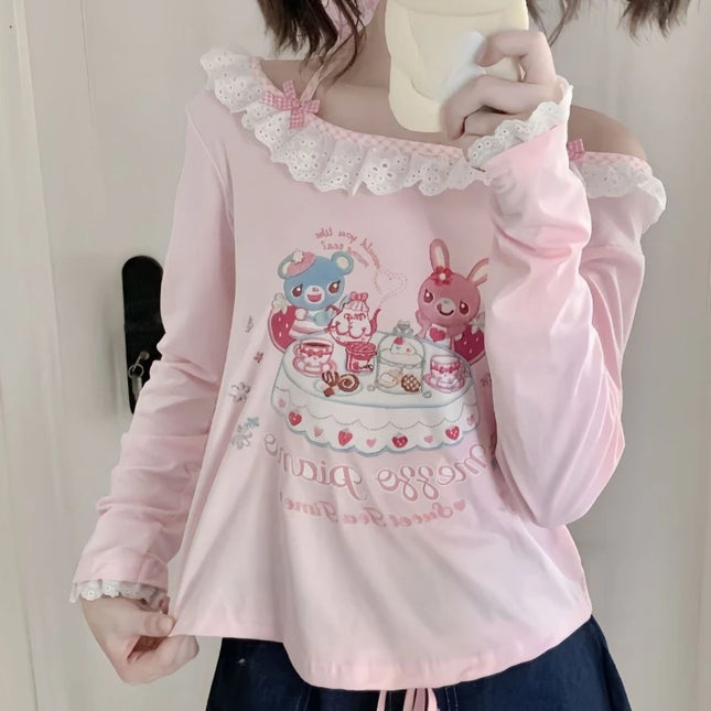 Japanische Mädchen Cartoon Druck Neckholder T-Shirt Harajuku Grunge Kawaii Süße Loose Tees Damen Y2k Ästhetische Spitze Patchwork Tops